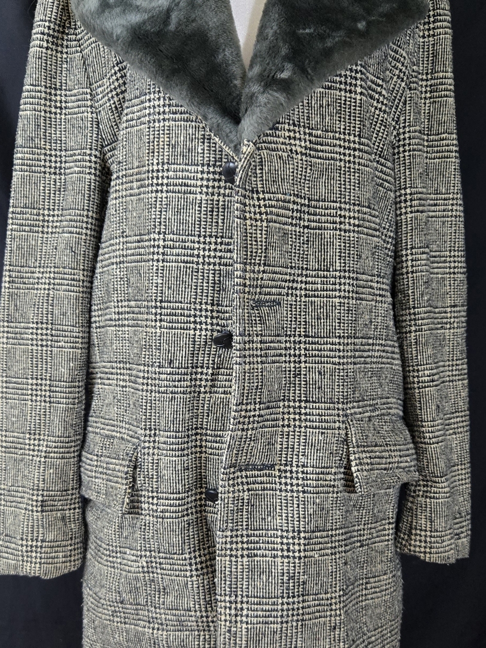 Plaid Wool-Blend Men's Overcoat with Faux Fur Collar - Gray #637